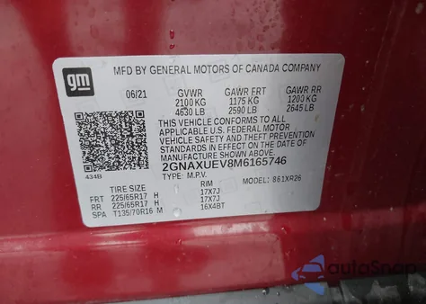 2021 Chevrolet Equinox Awd Lt из США, поврежденный, VIN 2GNAXUEV8M6165746